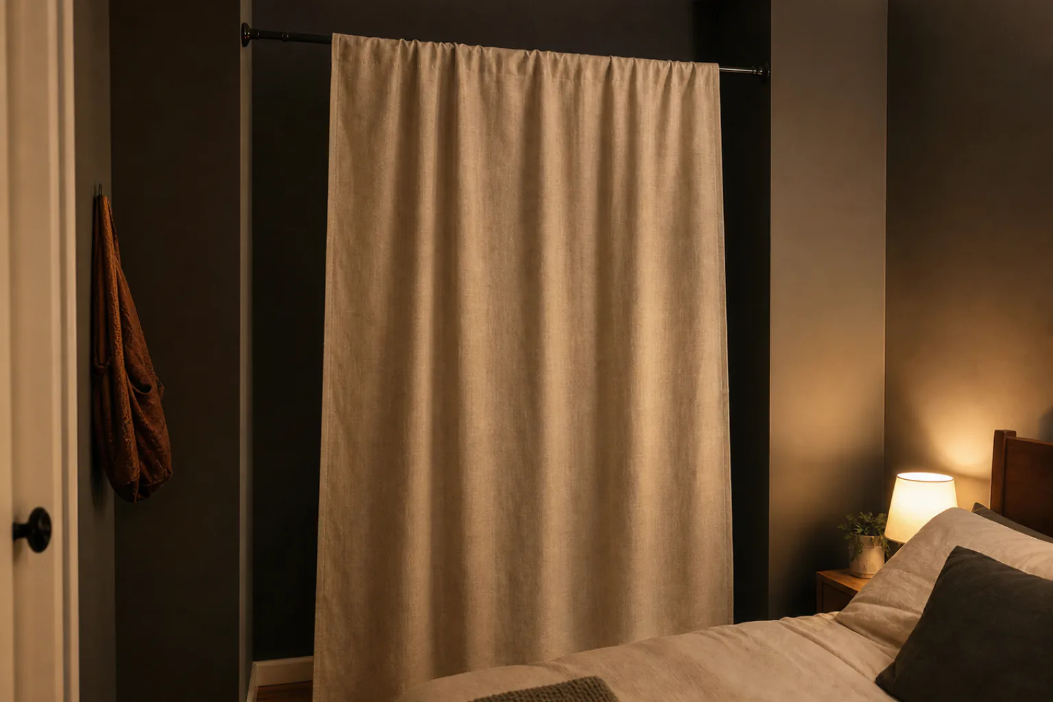 Fabric panel hung from a tension rod across a dark apartment wall