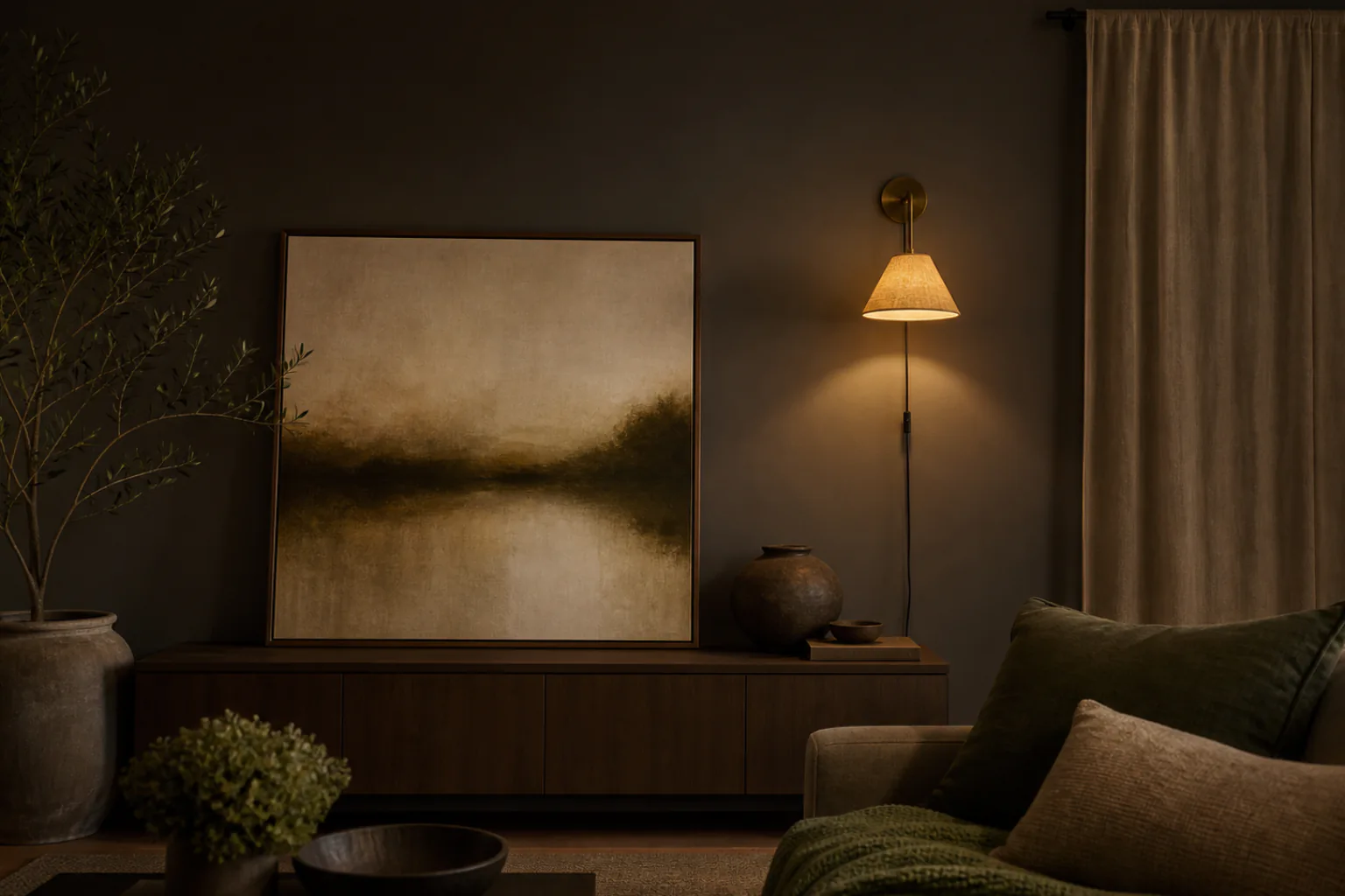 Finished rental wall combining leaned art a plug-in sconce and a fabric panel