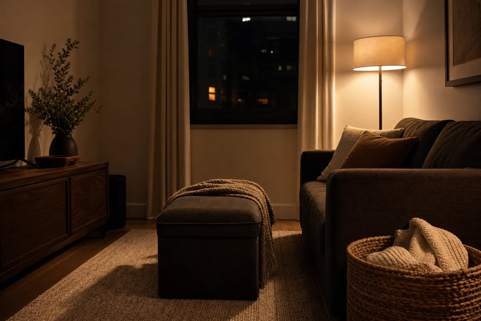 Small apartment corner where storage is built into ordinary furniture