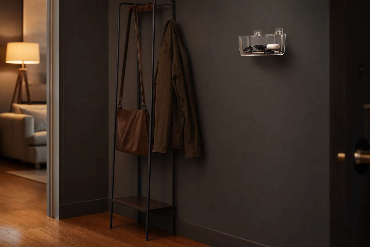 Freestanding rack beside a wall with a small mounted caddy in a dim apartment