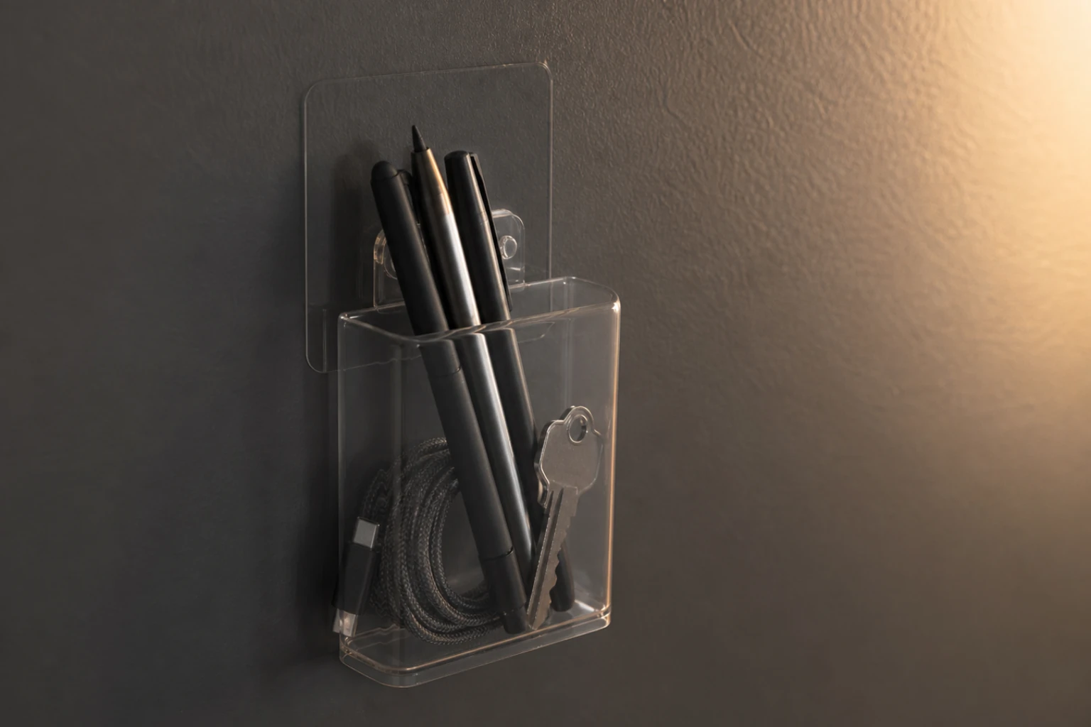 Small clear adhesive caddy holding pens and small items on a dark wall