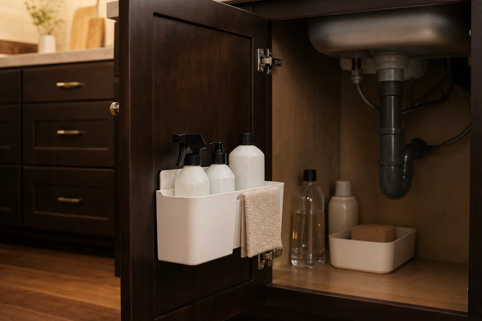 Caddy mounted inside a cabinet door under a kitchen sink