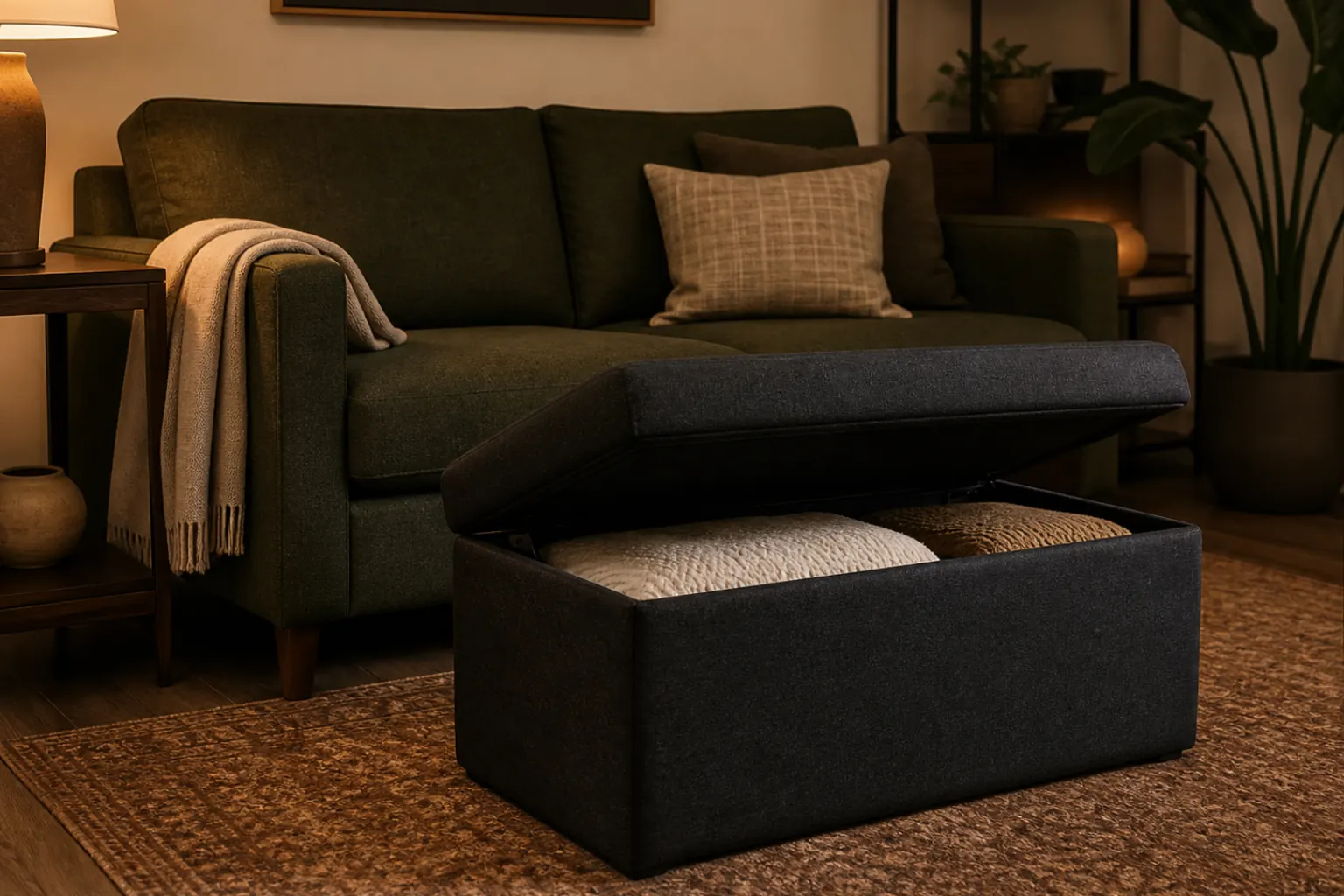 Dark storage ottoman open to show volume inside a small living room
