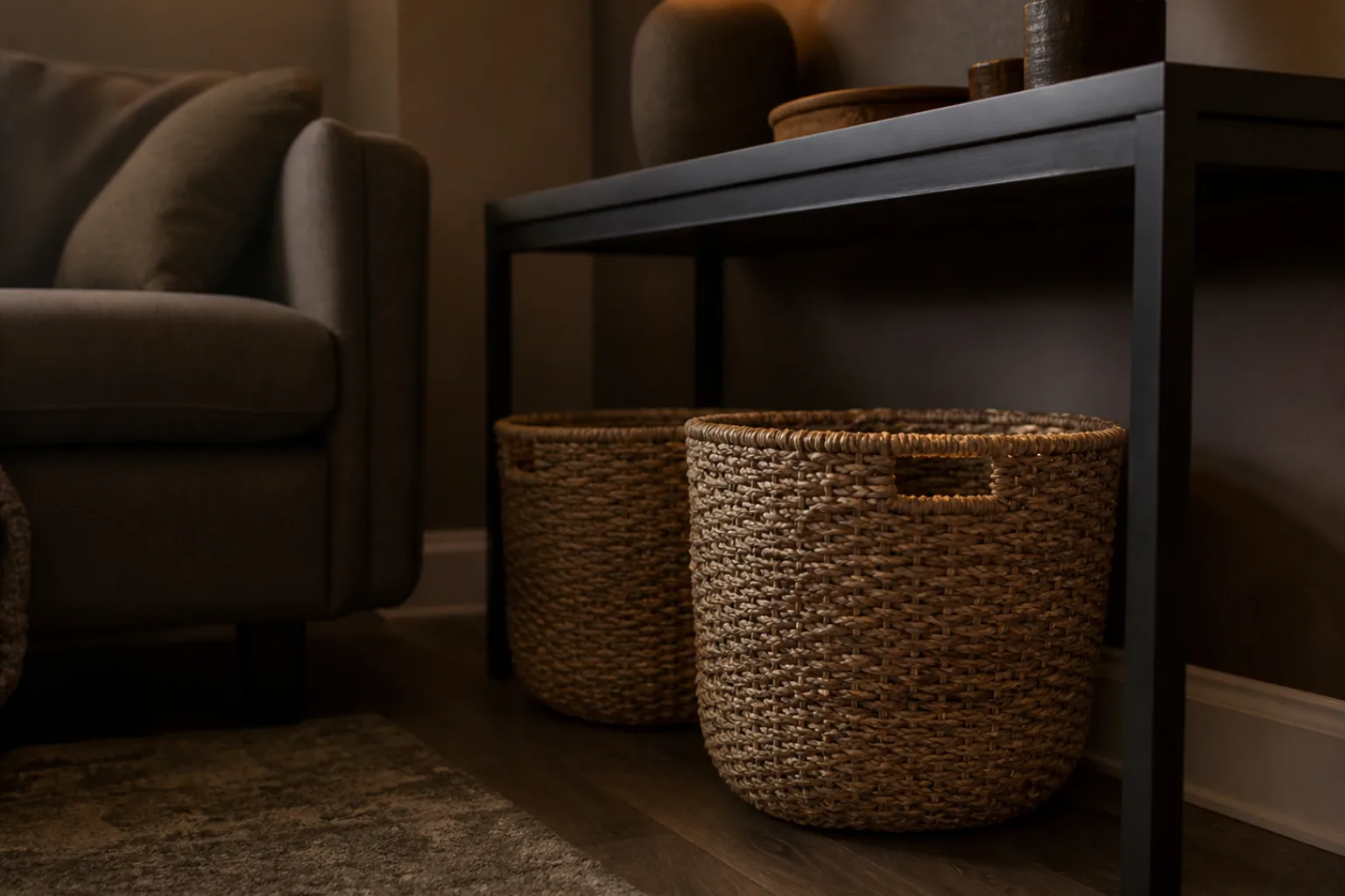 Woven baskets on the floor beside a sofa in a dim small apartment