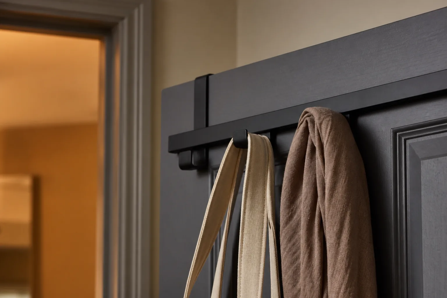 Over-door rail holding a bag on the back of a bedroom door