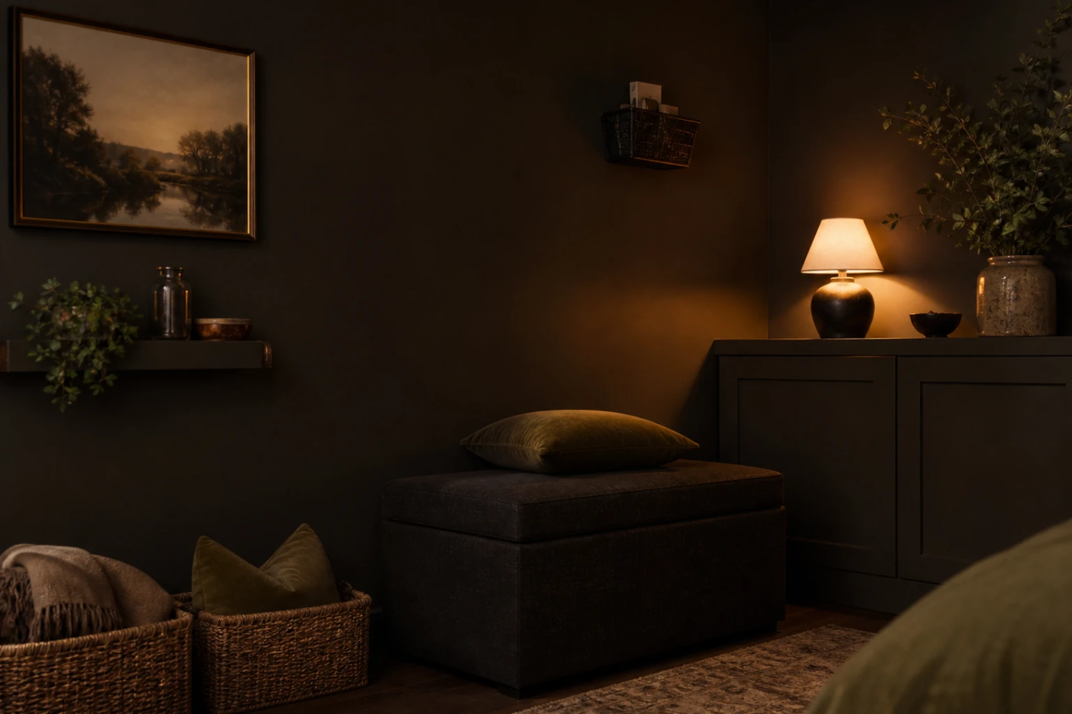 Finished small apartment corner with storage hidden in furniture and low baskets