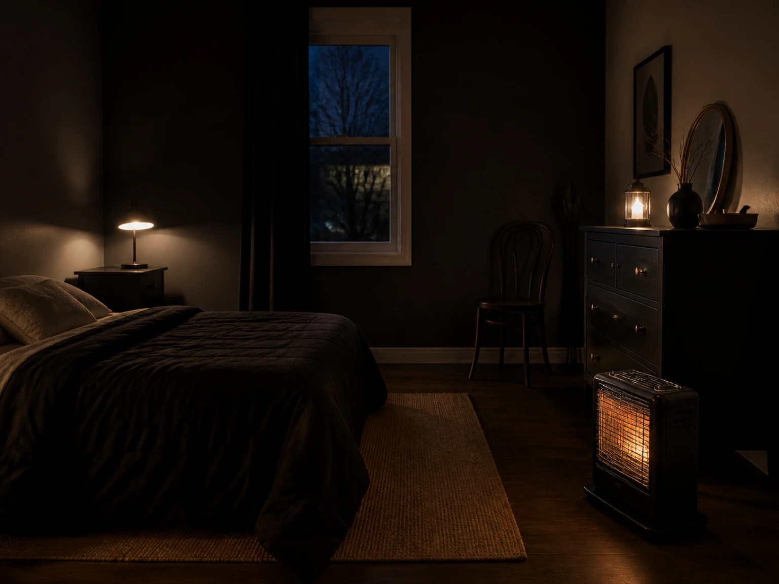 Cold small rental bedroom with furniture arranged around an open floor zone for a portable heater