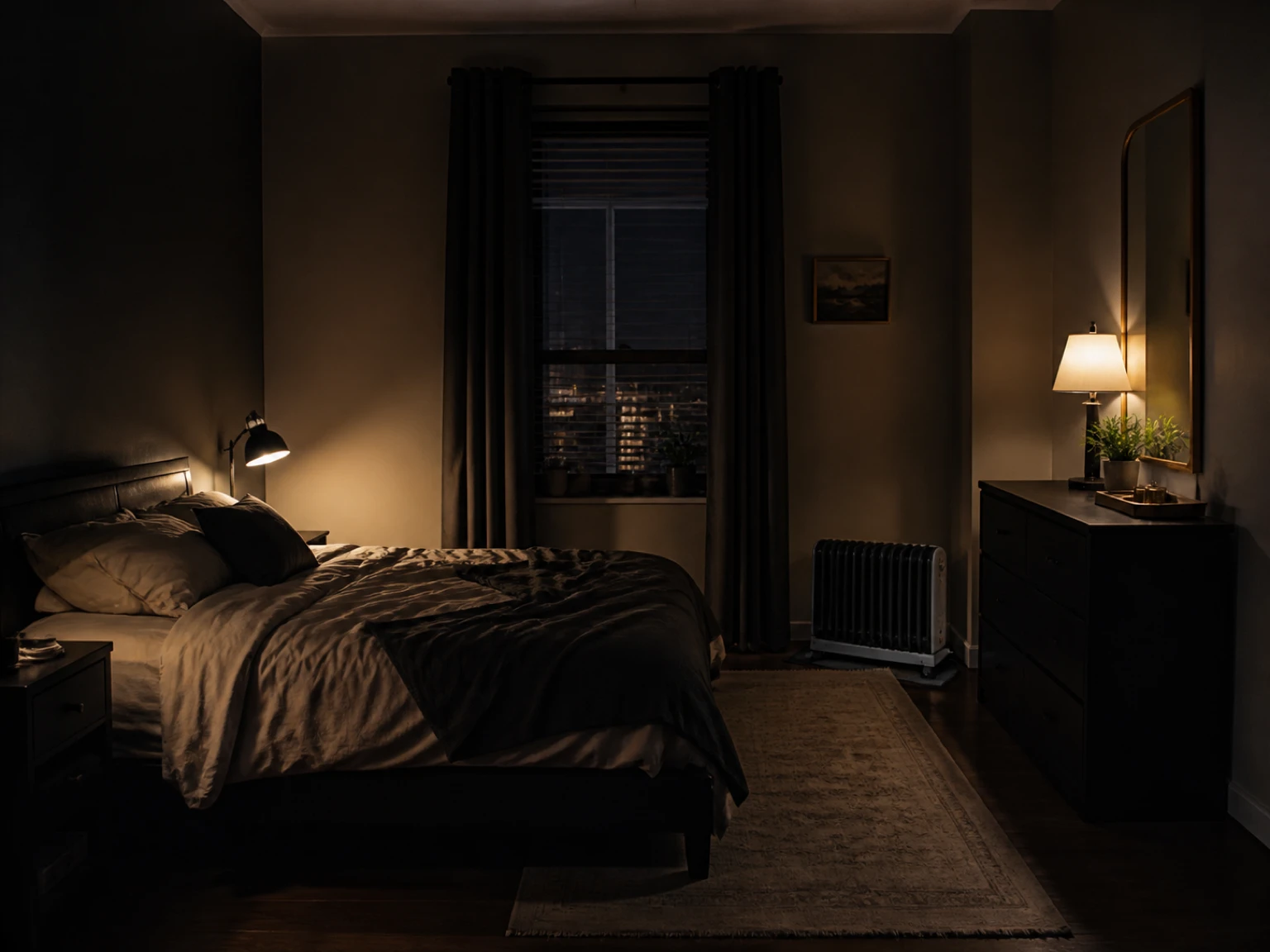 Small bedroom floor plan showing a clear heater zone beside rearranged rental furniture