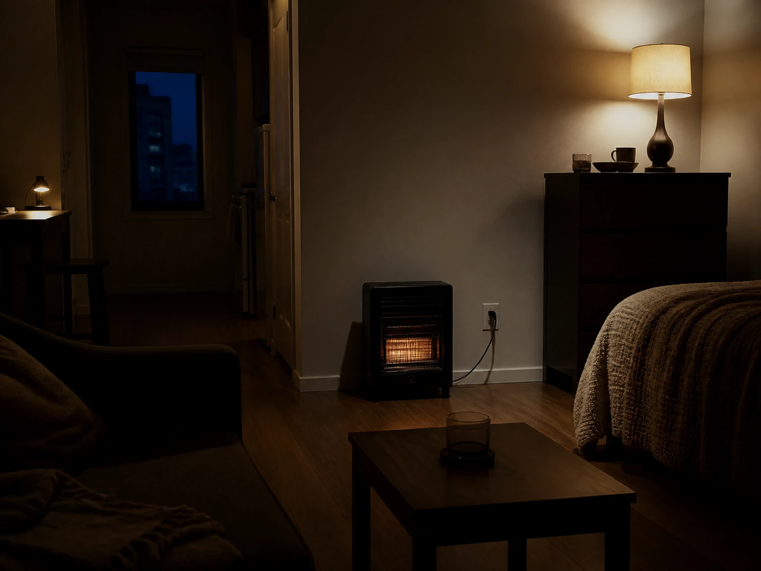 Portable heater connected directly to a visible wall receptacle in a small rental room