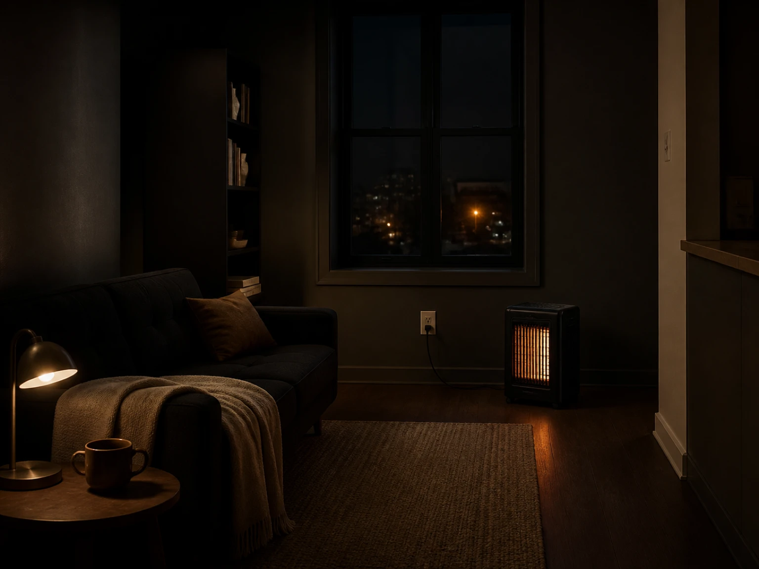 Visible rental wall outlet reserved for a portable heater with other devices moved elsewhere