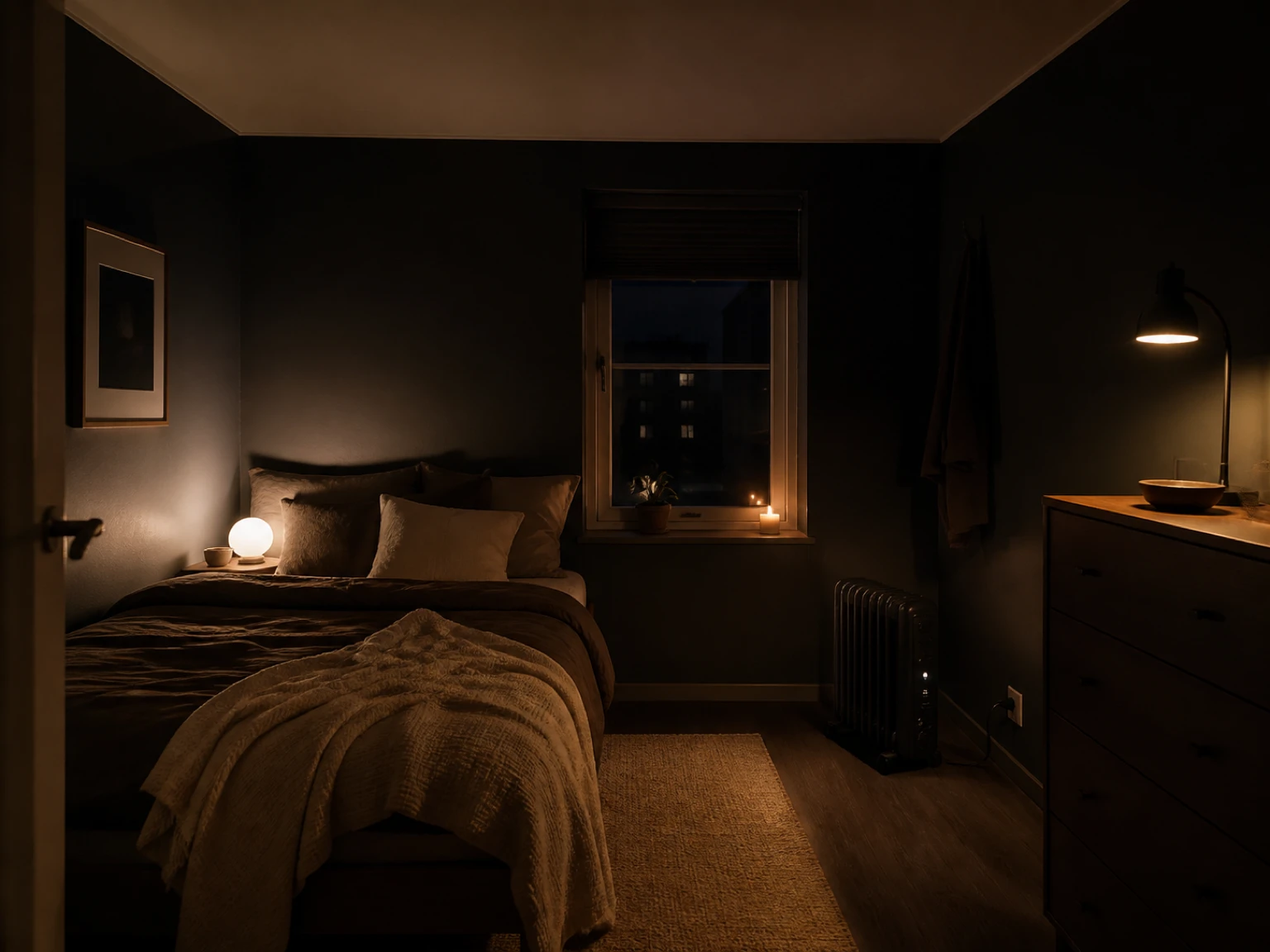 Small bedroom rearranged so the heater reaches its own wall outlet without crossing the room