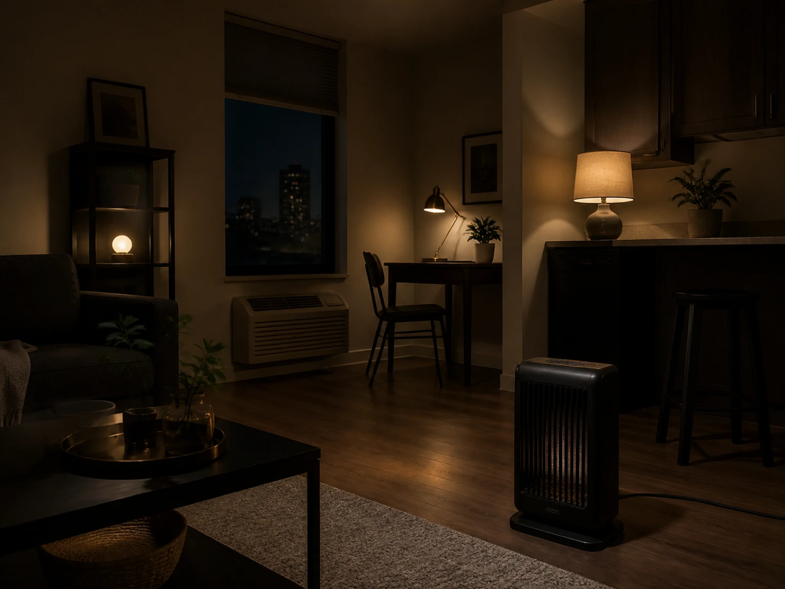 Portable heater on a permitted clear floor area away from carpet and rental furniture