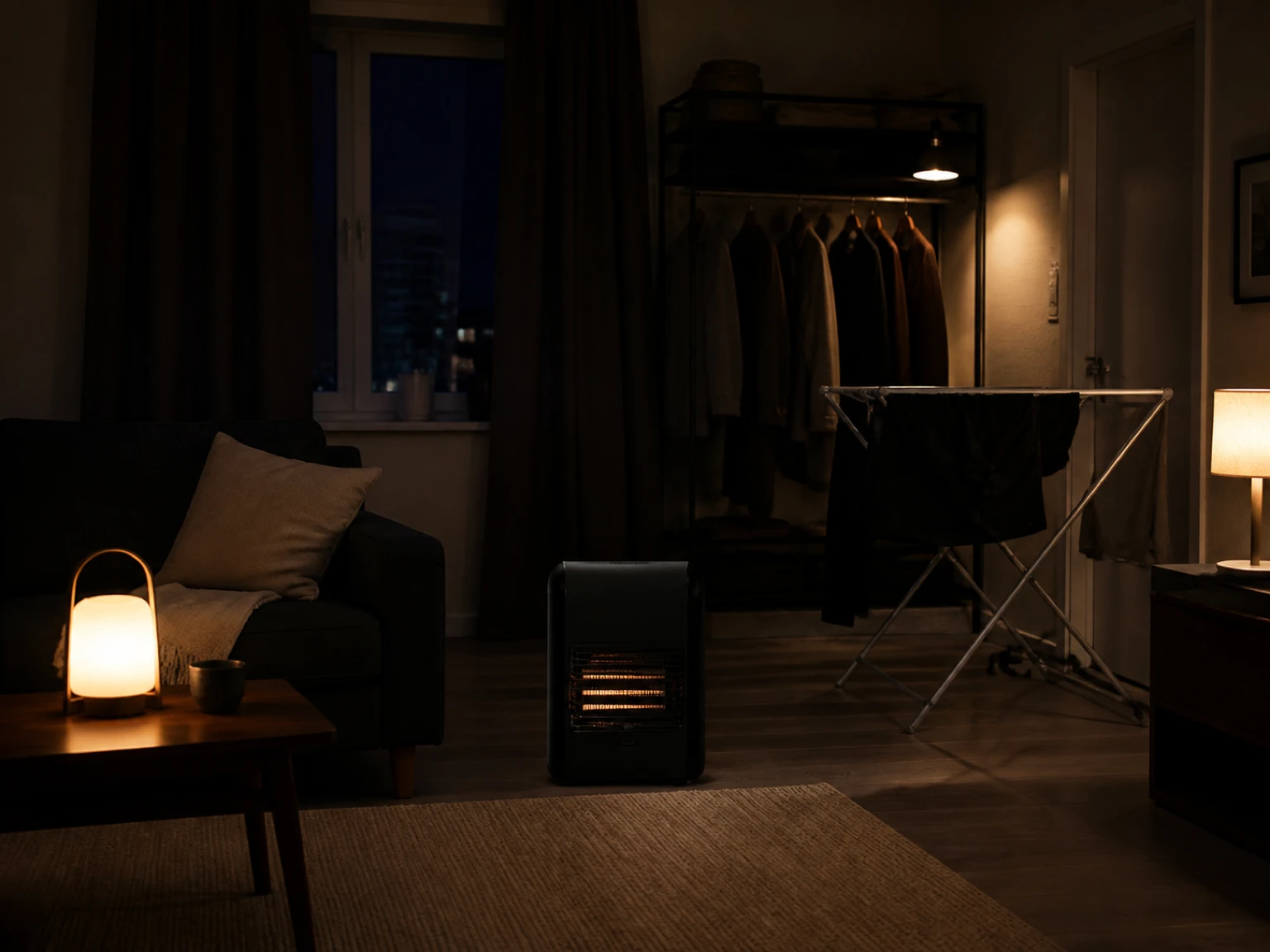 Space heater in a clear room zone with damp clothing stored away for separate drying