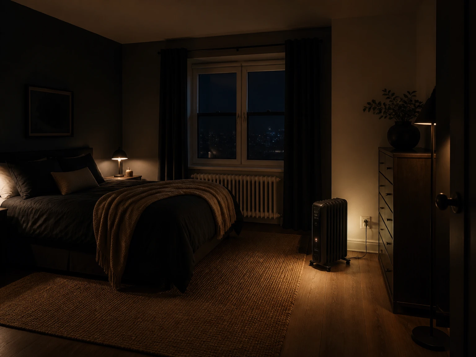 Finished cozy rental bedroom with a clear portable heater zone and visible direct wall connection