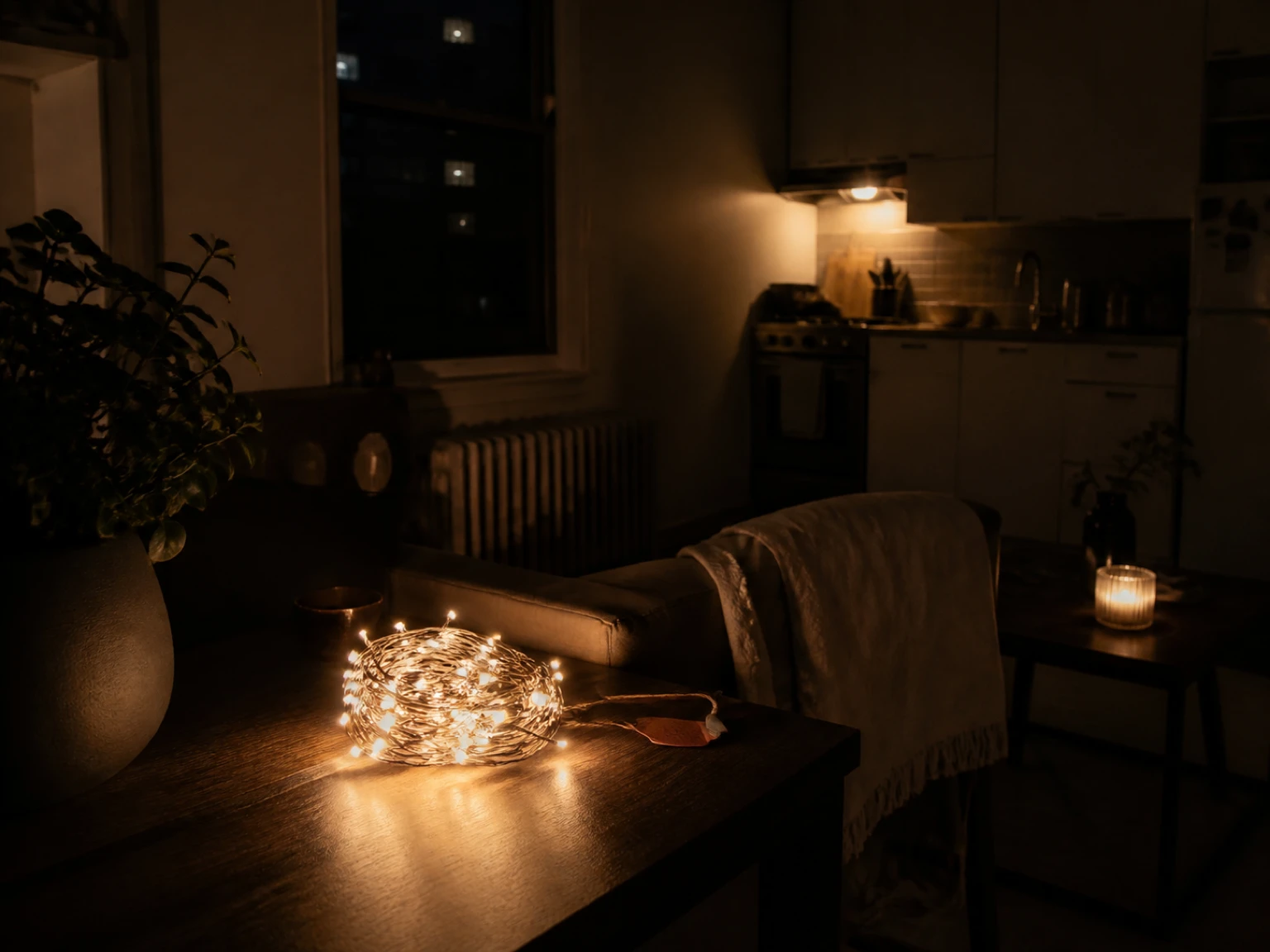 Coiled warm string lights on a table with a small coloured tag placed near the plug