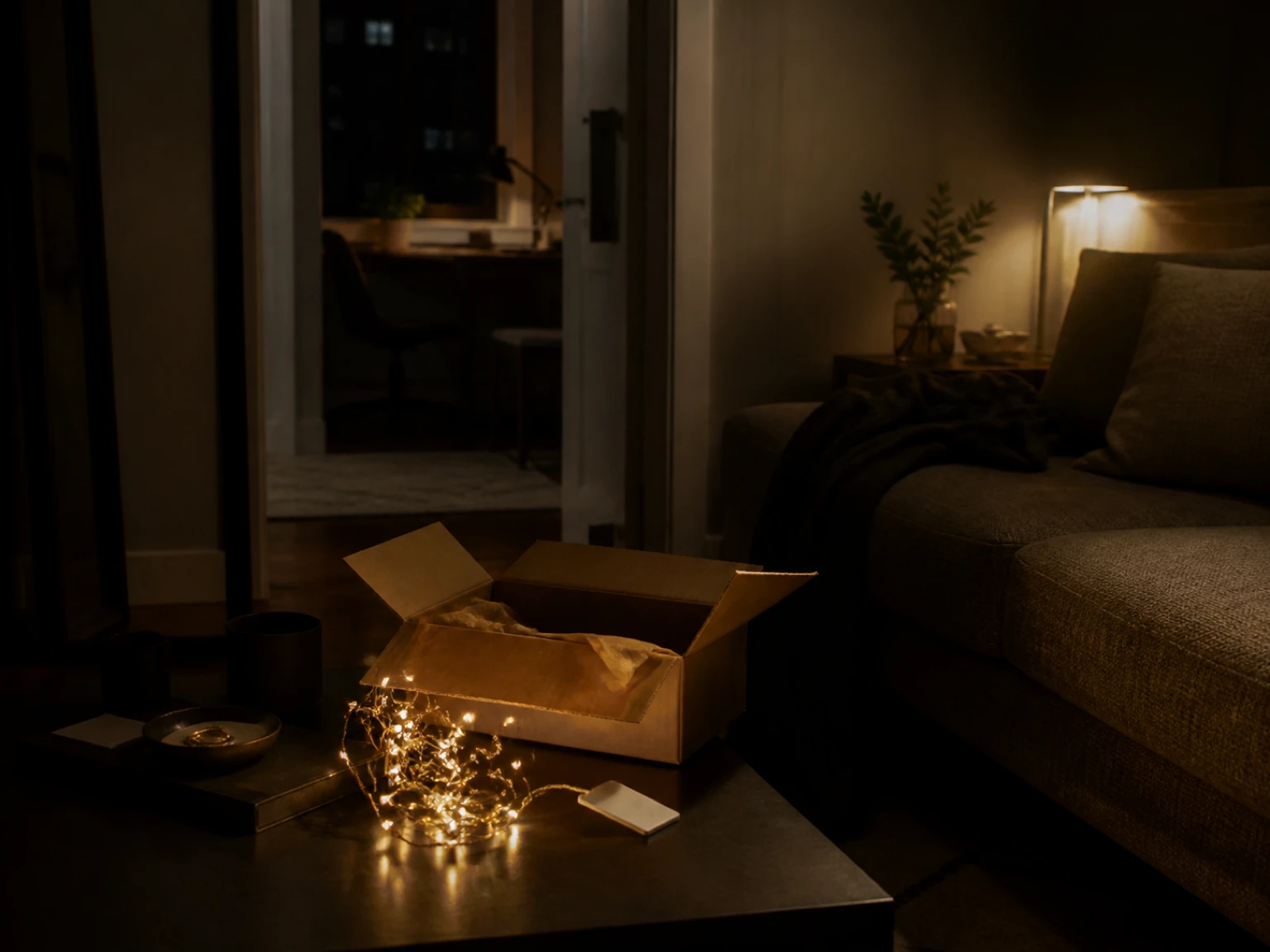 Warm decorative light string beside its open package and an attached product tag
