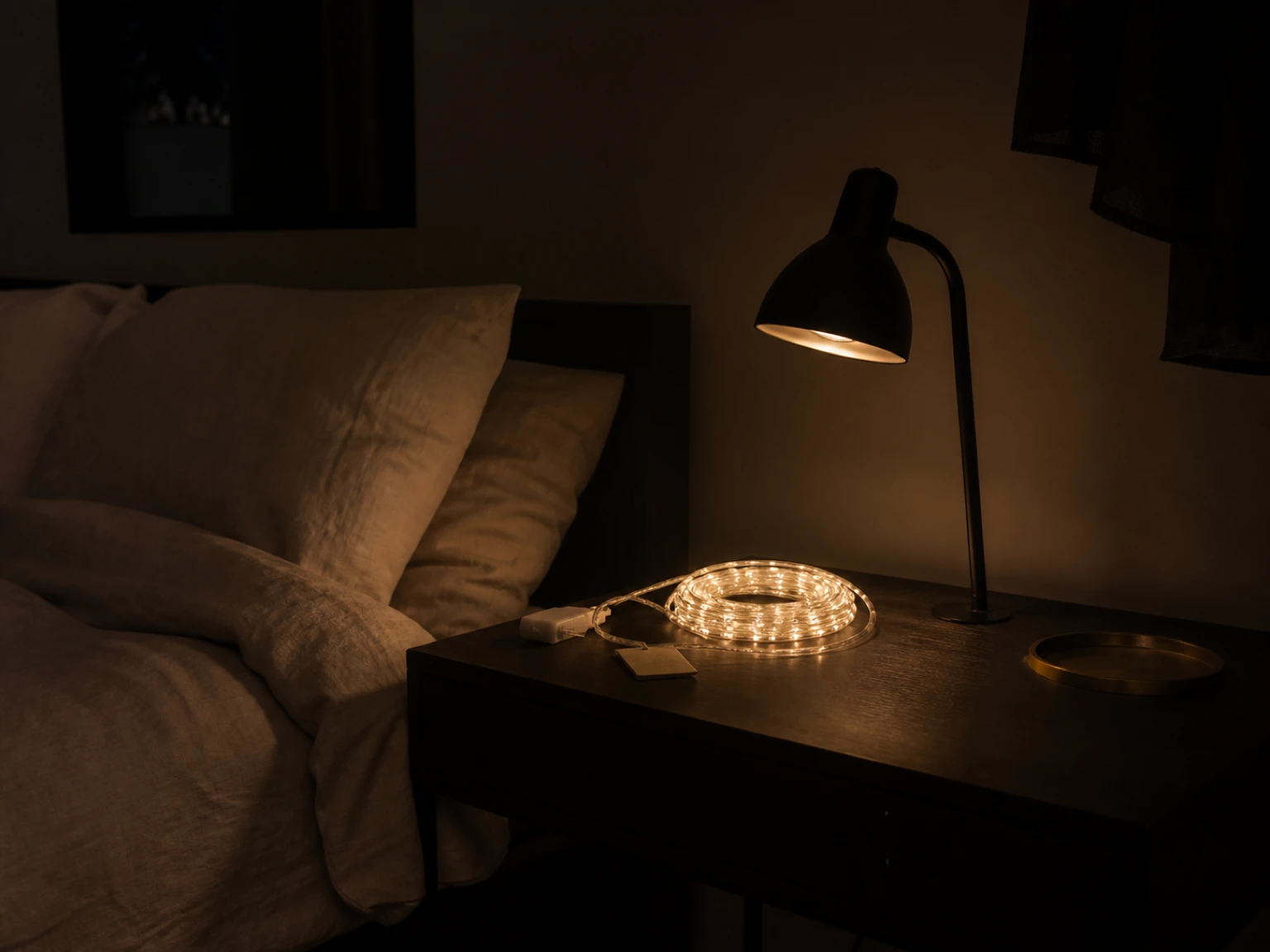 Product tag on warm string lights laid out beside a bed before permanent hanging