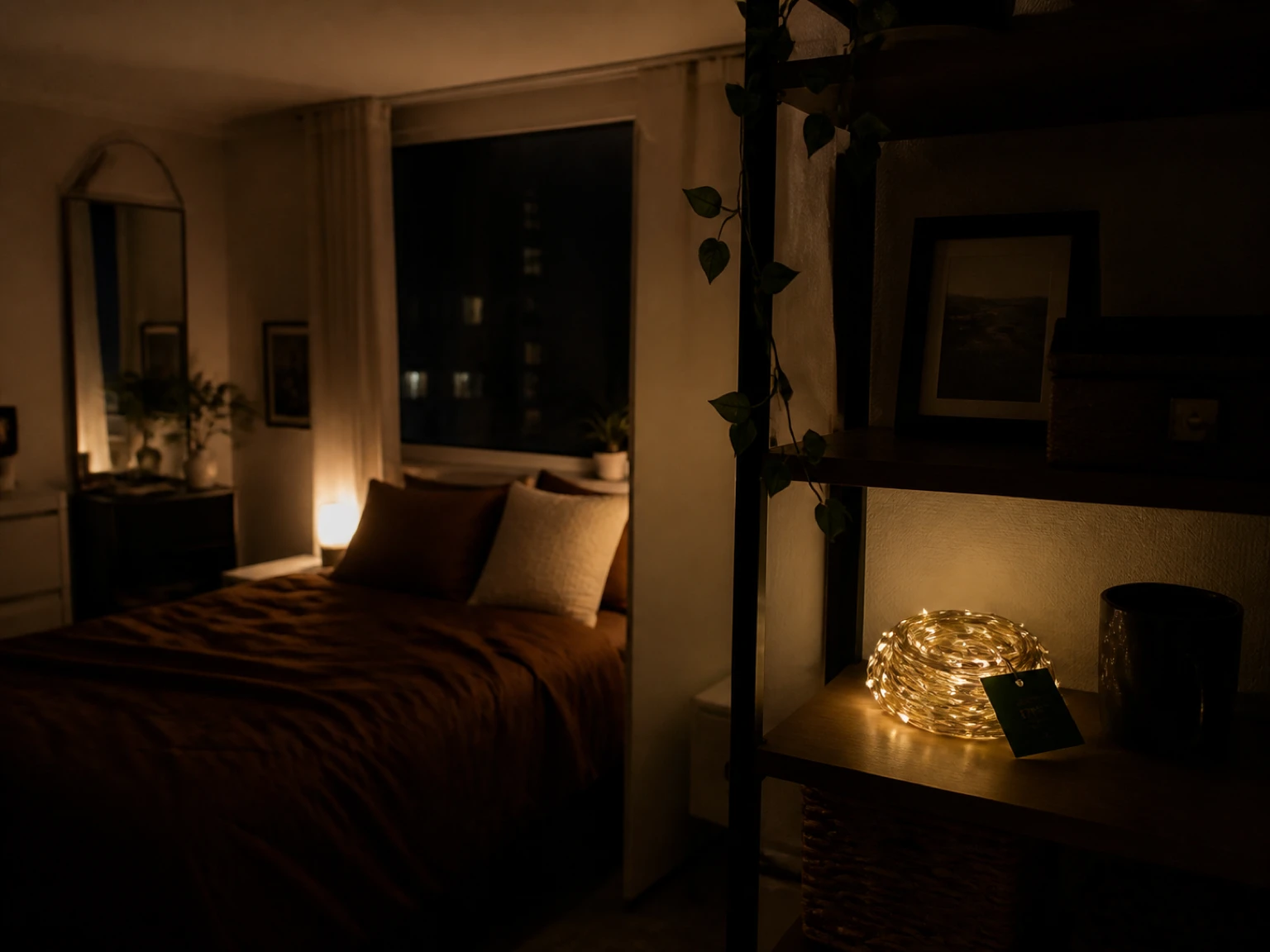 Green product tag beside coiled string lights on an indoor bedroom shelf