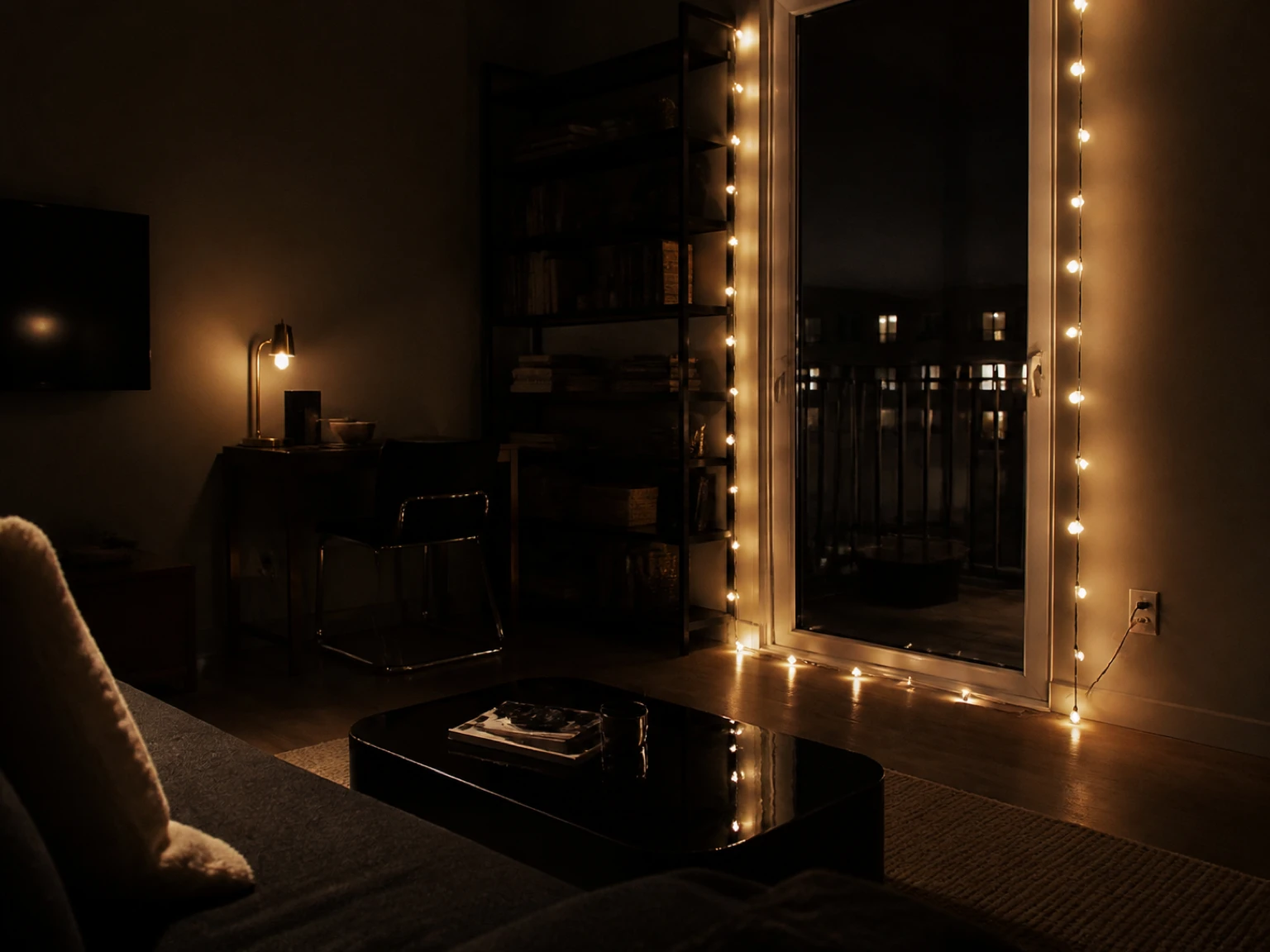 Red product tag near the plug of warm string lights arranged beside a balcony door