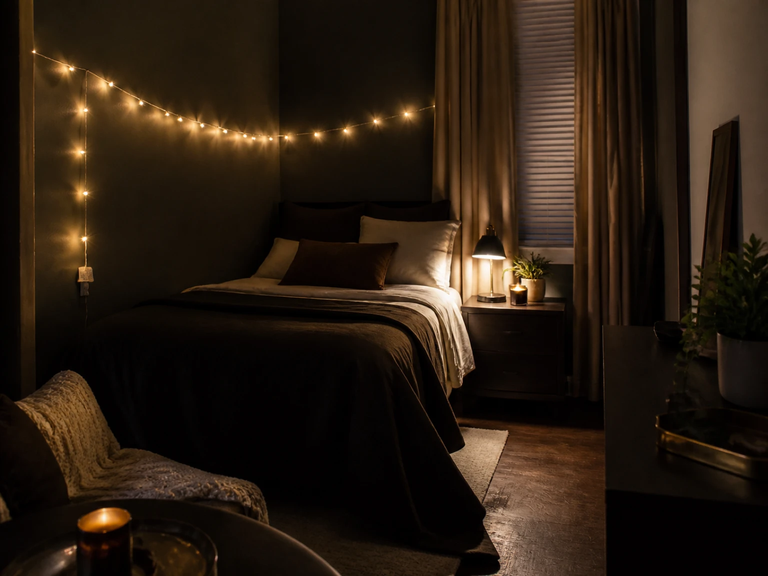 Warm string lights arranged along a rental bedroom wall with the plug and tag still accessible