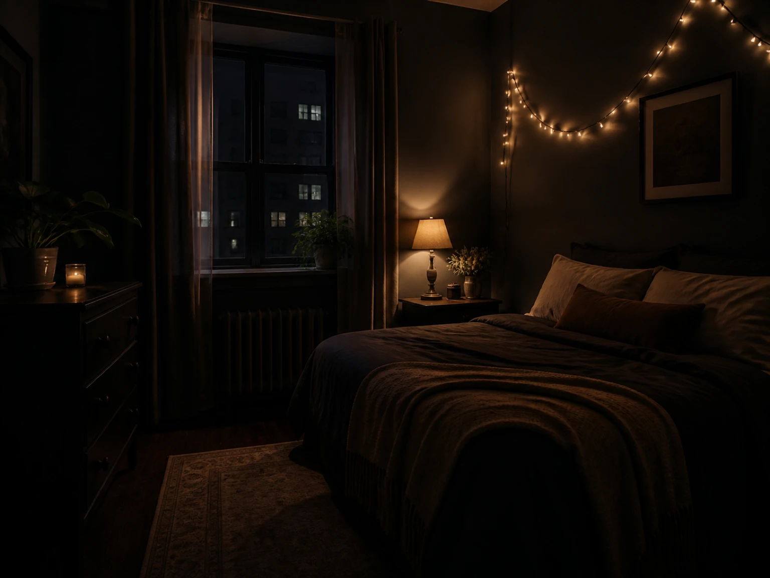 Dark rental bedroom with warm string lights supporting a table lamp and soft wall decor
