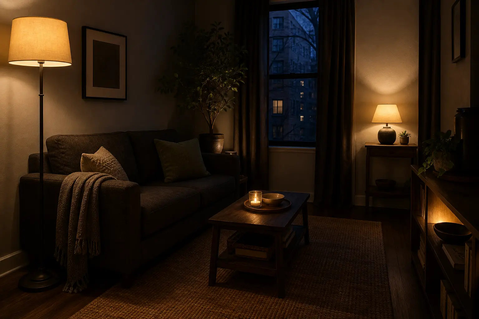 Small dark cozy living room lit by a floor lamp table lamp and low shelf light