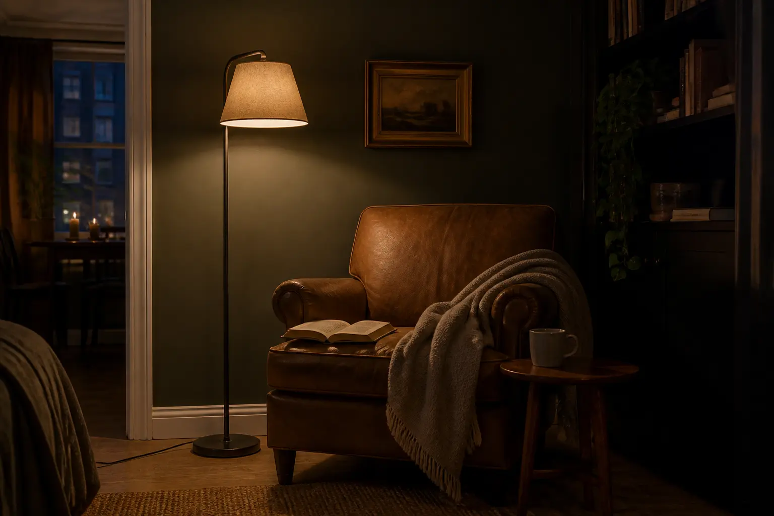 Slim shaded floor lamp beside a reading chair in a moody small apartment