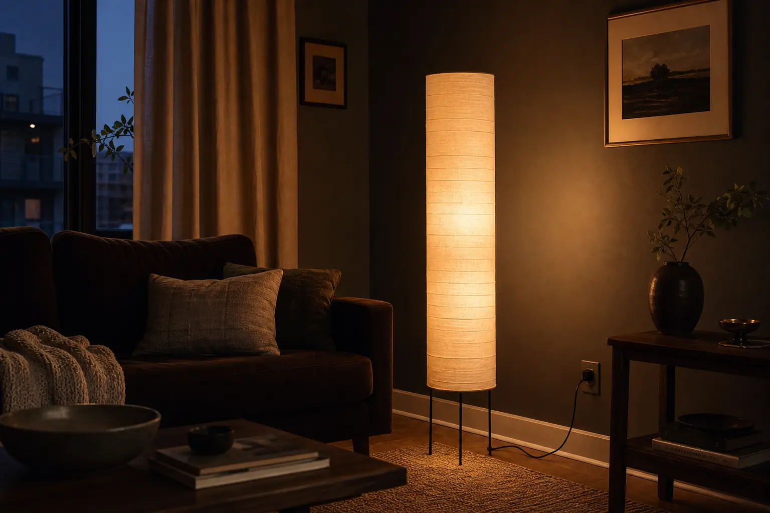 Warm paper lantern floor lamp glowing in a compact dark rental living room