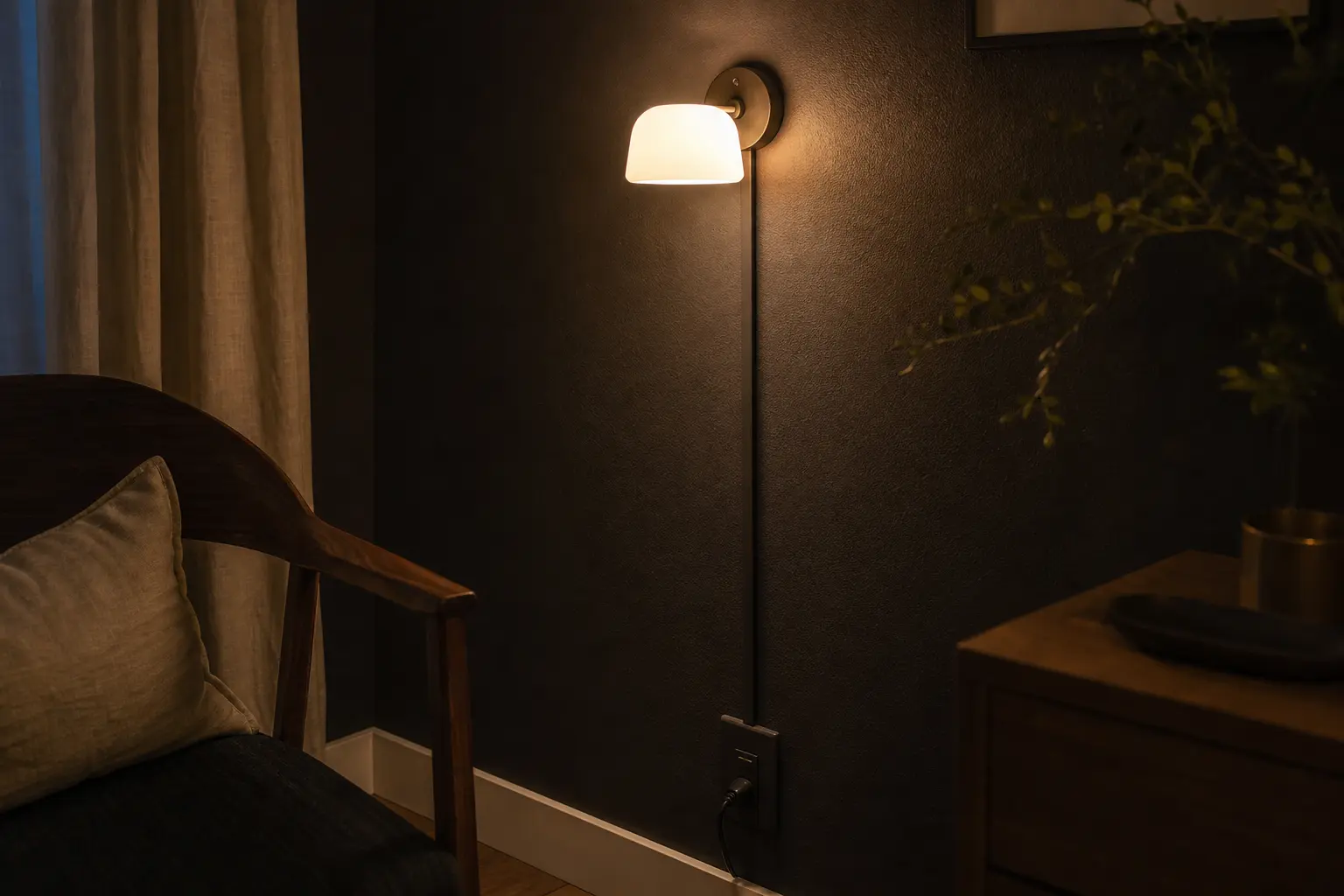 Plug-in wall light with a straight discreet cord cover on a dark rental wall