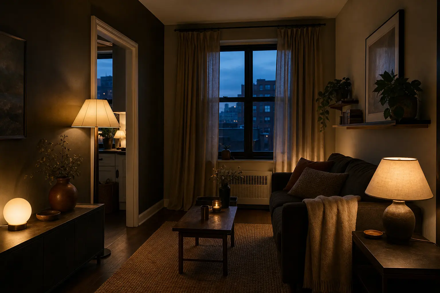 Cozy small apartment at dusk with several warm lamps switched on together